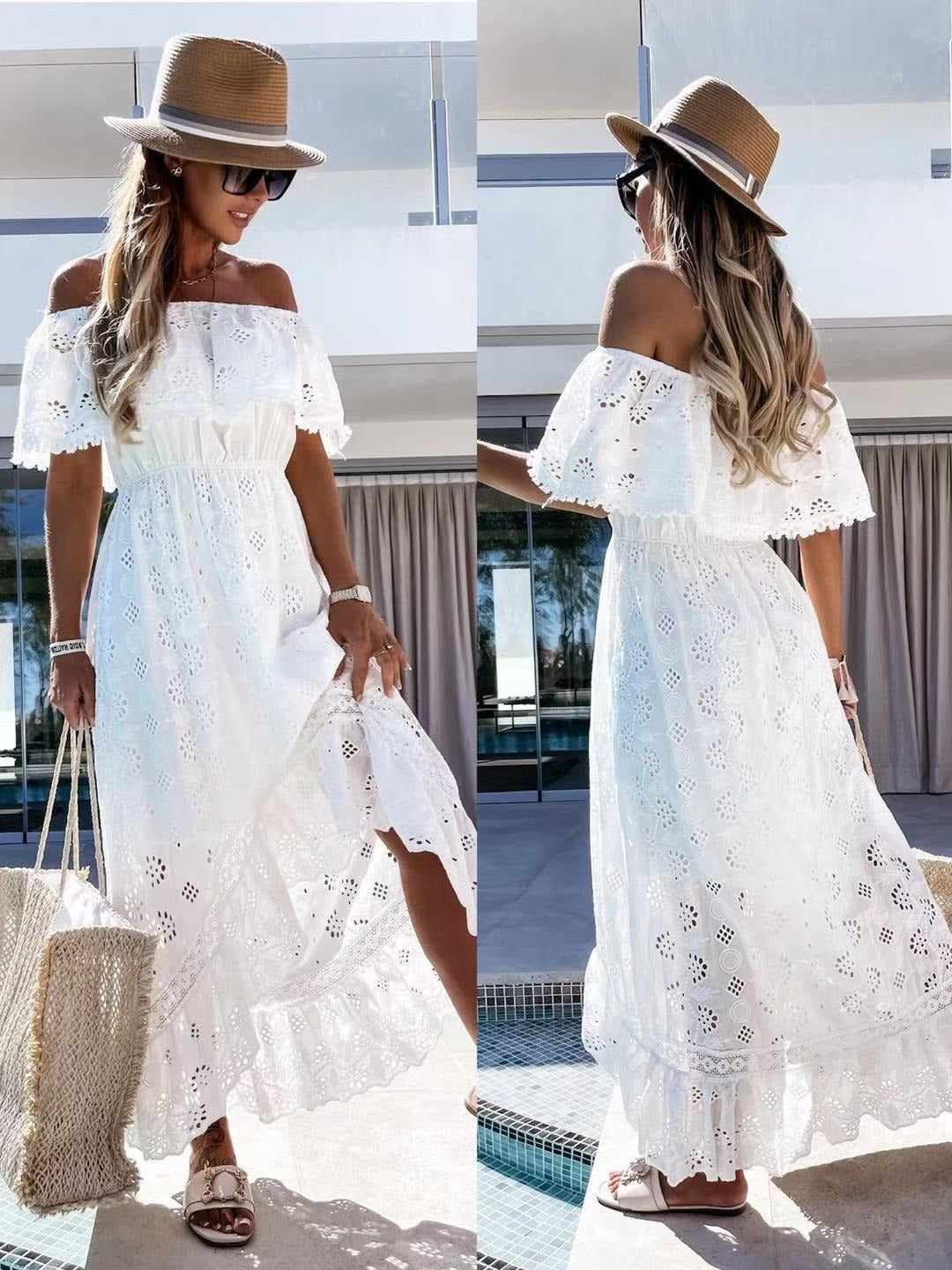 Bohemian Lace Long Skirt White Beach Skirt New Style Strapless One Shoulder Sexy Dress Women