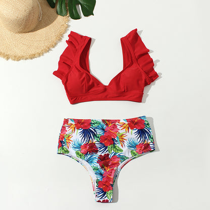 Floral Ruffled Hem Bikini Set Women Flora V-neck High-waisted Two Piece Swimsuit 2018 Girl Beach Bathing Suit Swimwear Biquinis