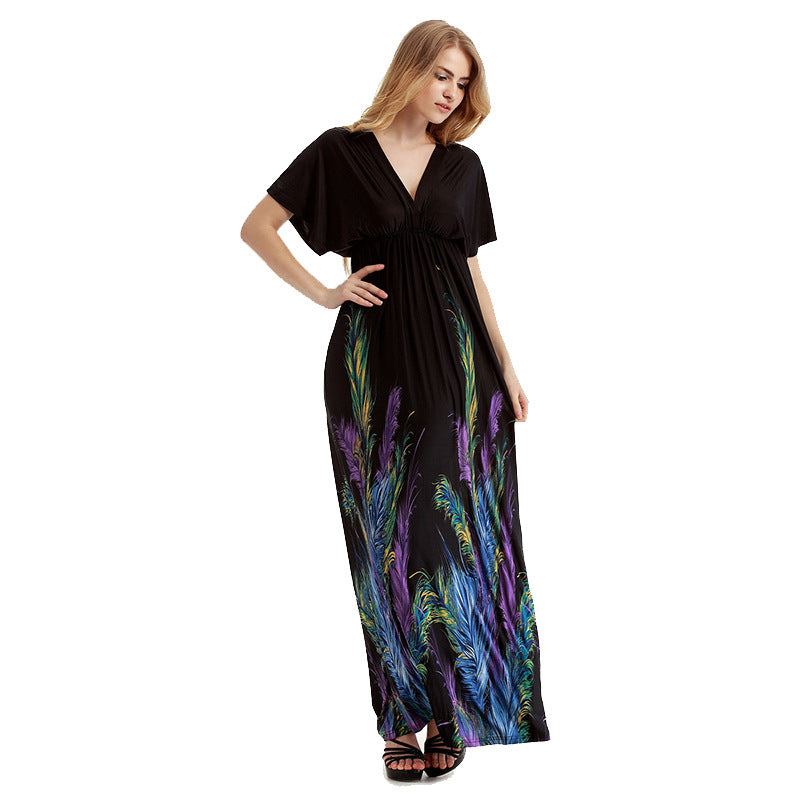 Bohemian Fat Lengthening Plus Size Ice Silk Dress Vacation Beach Dress Long Dress