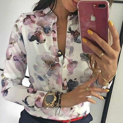 Women Elegant Casual Blouse Floral Print Button Design Long Sleeve Shirt Basic Top