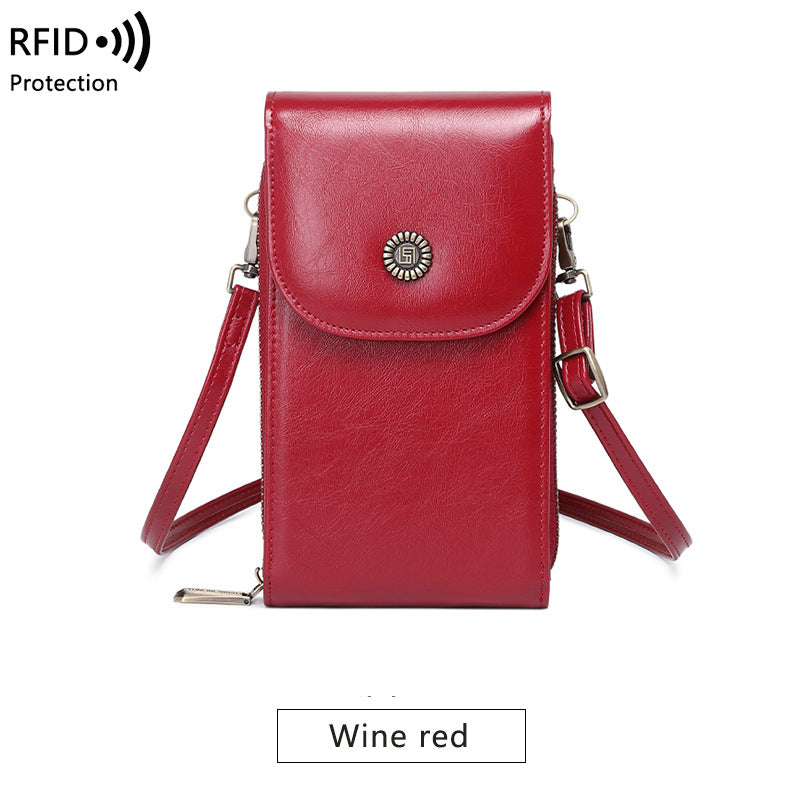 RFID Mobile Bag Female Oilskin Vertical Mobile Bag Mini One Shoulder Small Bag Fashion Crossbody Bag