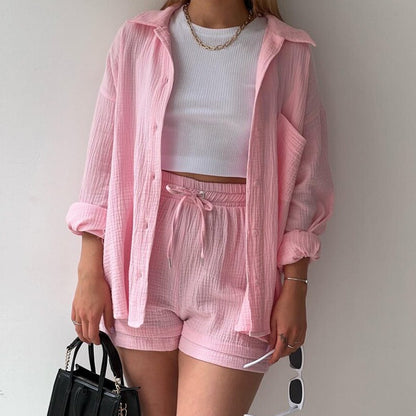 Spring Ruffle Collar Long Sleeve Shirt High Waist Drawstring Shorts Large Fashion Casual Suit