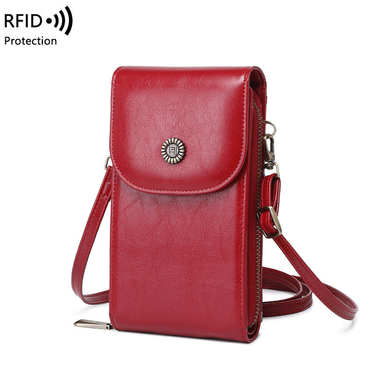 RFID Mobile Bag Female Oilskin Vertical Mobile Bag Mini One Shoulder Small Bag Fashion Crossbody Bag