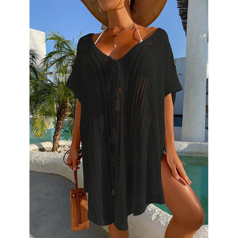 Summer vacation cutout sexy loose pullover tassel strap bikini sunscreen knitted beach blouse