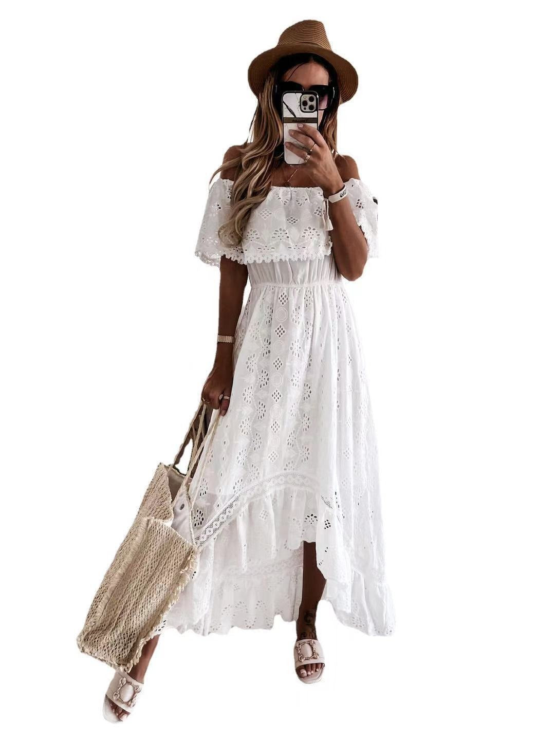 Bohemian Lace Long Skirt White Beach Skirt New Style Strapless One Shoulder Sexy Dress Women