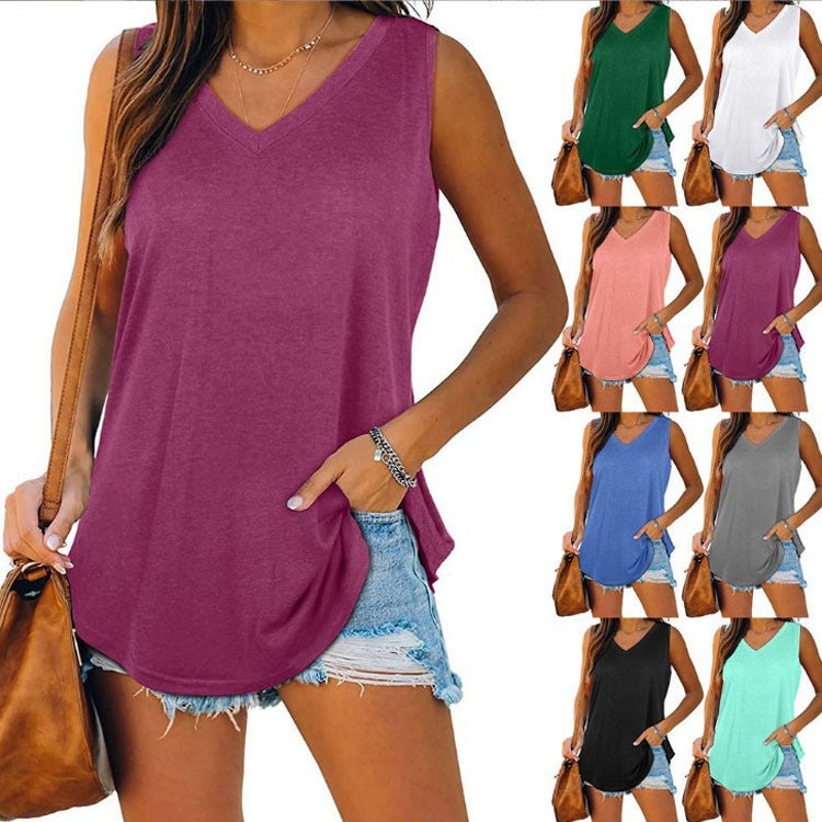 V-neck tailless sleeveless solid color tank top T-shirt