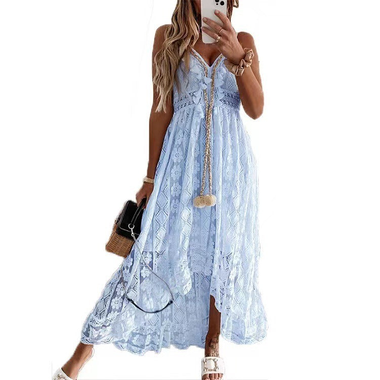 New European and American Fashion Strap Lace Large Swing Waist Long Dress