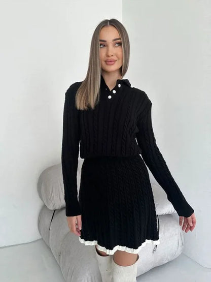 Long Sleeved Knitted Sweater Mini Skirt Two-piece Set Women Lapel Button Top Contrast Color Pleated Short Skirt Knit Suit