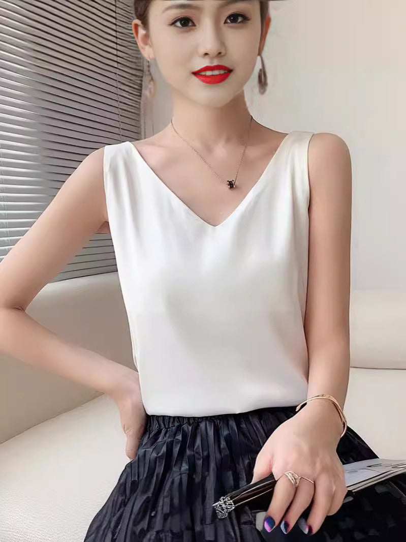 Suit white black silk satin V-neck double shoulder top