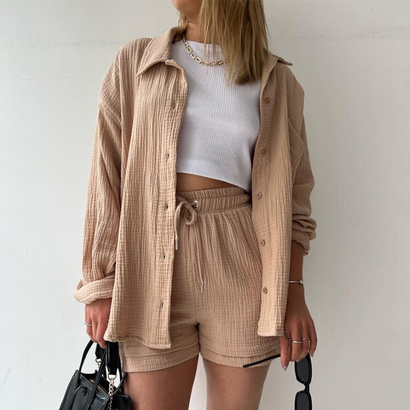 Spring Ruffle Collar Long Sleeve Shirt High Waist Drawstring Shorts Large Fashion Casual Suit