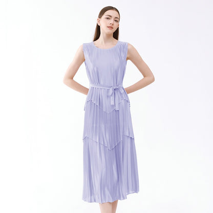 Satin splicing belt dress, feminine summer style, new wrought silk glossy sleeveless waist and knee-length dress