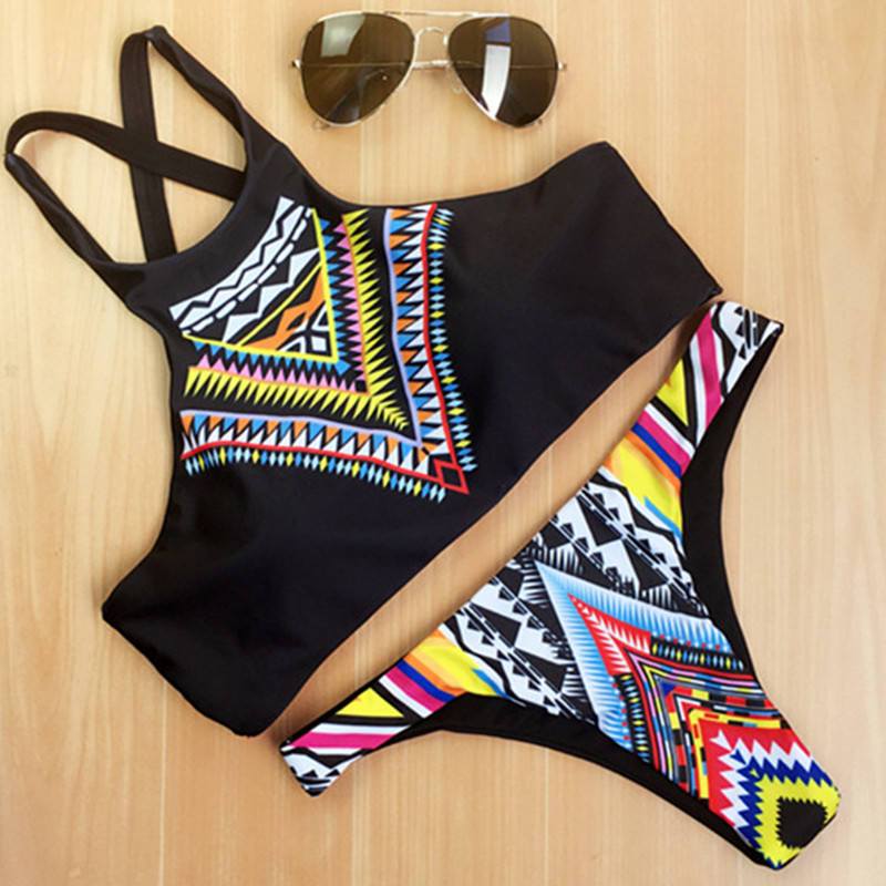 Women Bikini High Neck Push Up Bikini Set Geometry Black Swimwear