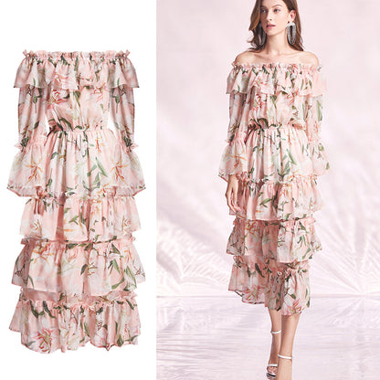 Pink Lily Flower Printed Layered Midi Dress Slash Neck Off The Shoulder Elastic Waist Party Holiday Beach Dress