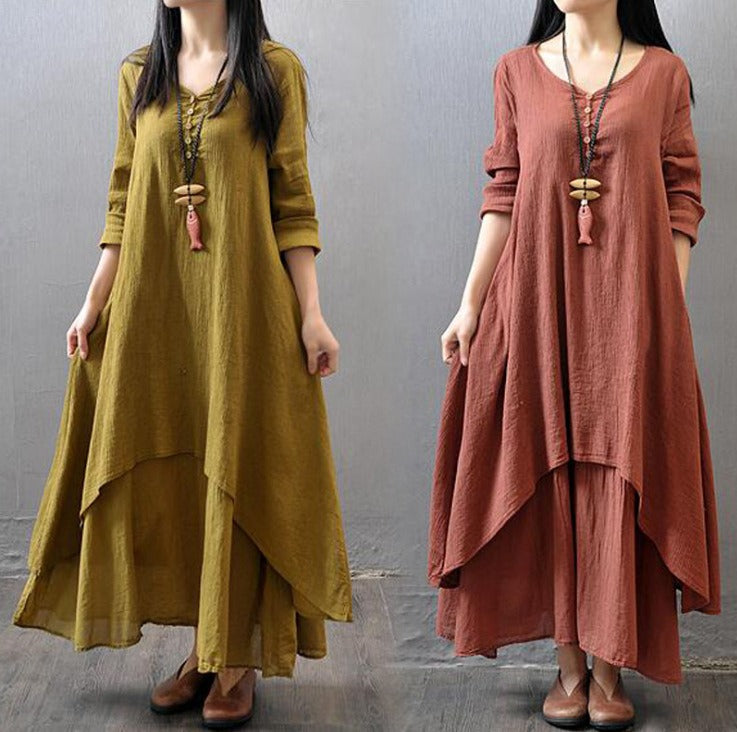 Fake two-piece long skirt large hem linen dress loose long sleeved cotton linen skirt