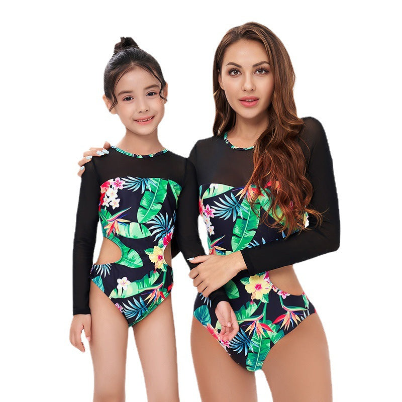 Parent-Child Swimwear New Long Sleeve Printed One Piece Bikini Kids Swimming Surf Snorkeling Swimwear