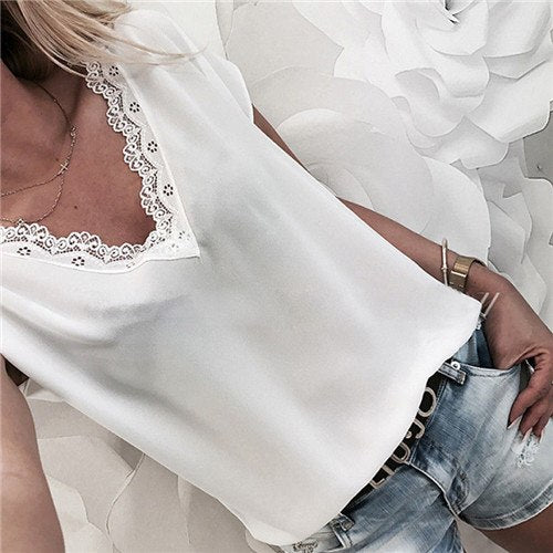 Women Blouse Tops Summer Top Casual Loose Short Sleeve Solid Lace V-neck Chiffon Blouses