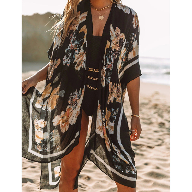 Summer Mid-length Slit Print Loose Beach Cover Sun Protection Shirt