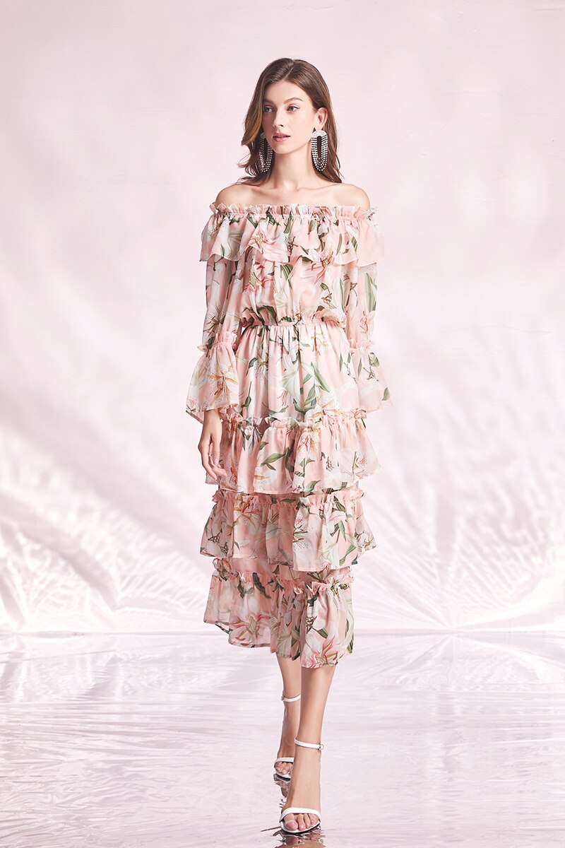 Pink Lily Flower Printed Layered Midi Dress Slash Neck Off The Shoulder Elastic Waist Party Holiday Beach Dress