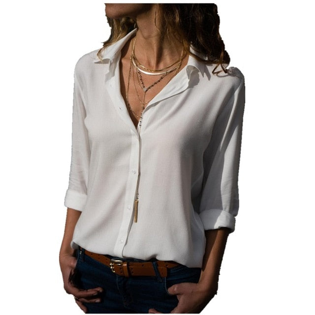 Long Sleeve Solid V-Neck Chiffon Blouse Female Work Wear Shirts Blouse Plus Size