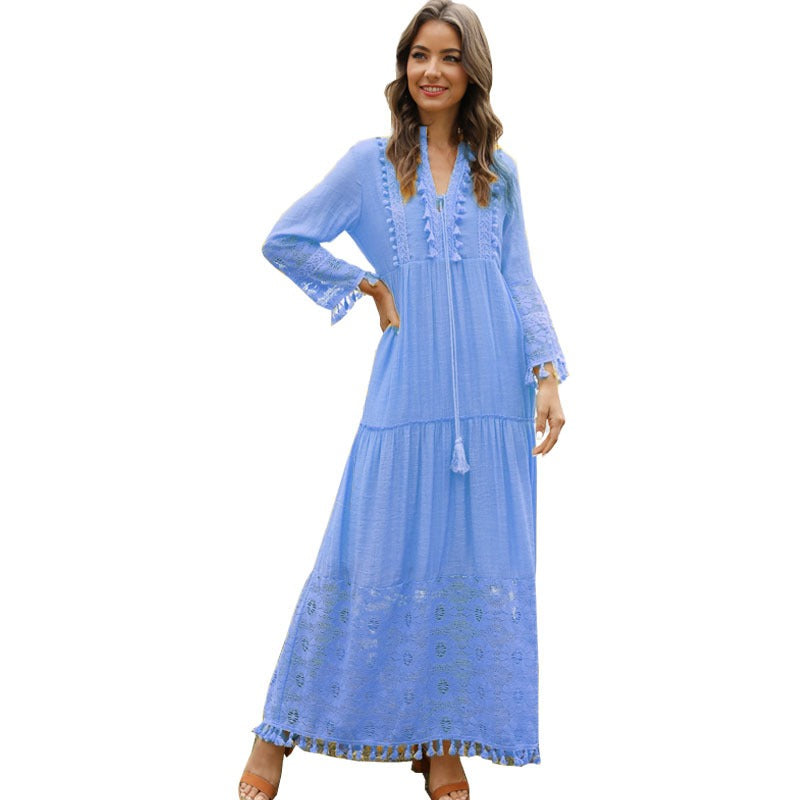 Long Skirt Bohemian Style V-Neck Lace Tassel Stitching Beach Resort Dress