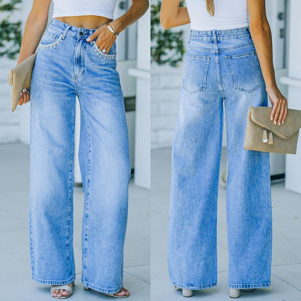 Petal Pocket Style Casual WISH Loose Washed Denim Pants Women