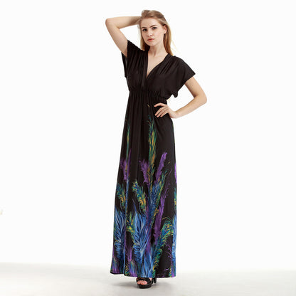 Bohemian Fat Lengthening Plus Size Ice Silk Dress Vacation Beach Dress Long Dress