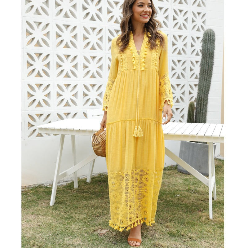 Long Skirt Bohemian Style V-Neck Lace Tassel Stitching Beach Resort Dress