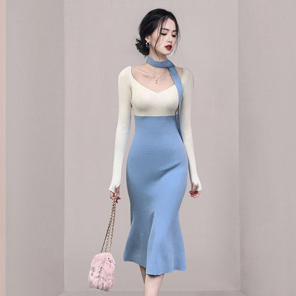 Elegant Color Patchwork Knitted Sweater Dress