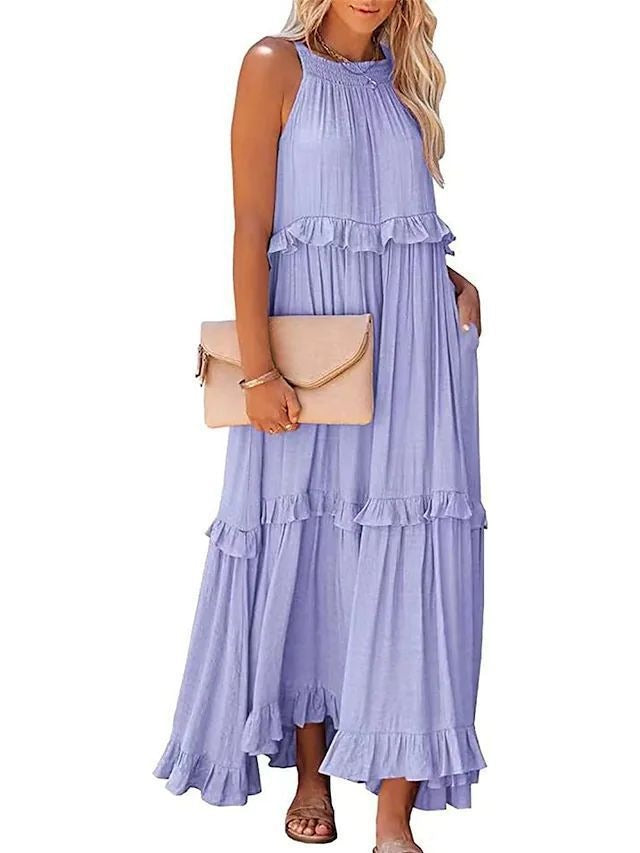 European and American Summer Vacation Style Lotus Leaf Edge Long Dress with Big Swing and Elegant Beach Skirt Women