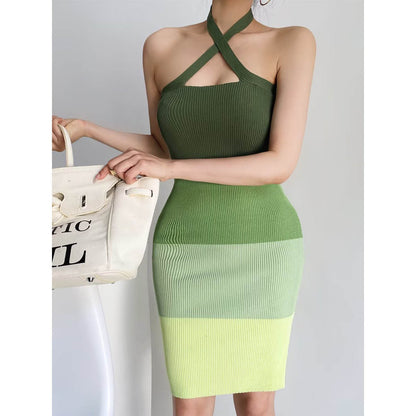 European and American Summer New Four Color Hanging Neck Contrast Knitted Dress Sexy Short Skirt