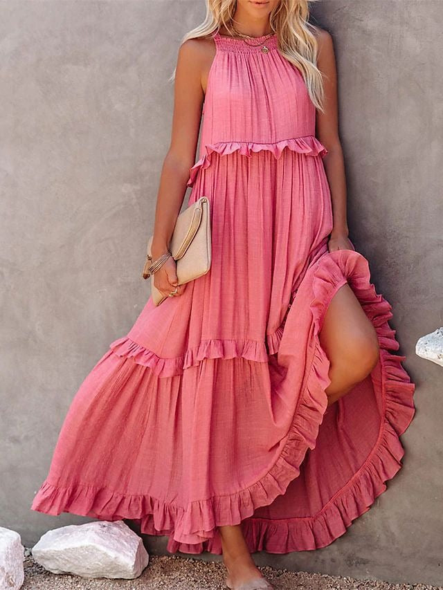 European and American Summer Vacation Style Lotus Leaf Edge Long Dress with Big Swing and Elegant Beach Skirt Women