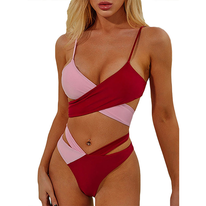 Ladies Tricolor Block Piece One Piece Swimsuit Bandage Swimsuit Bikini Swimwear