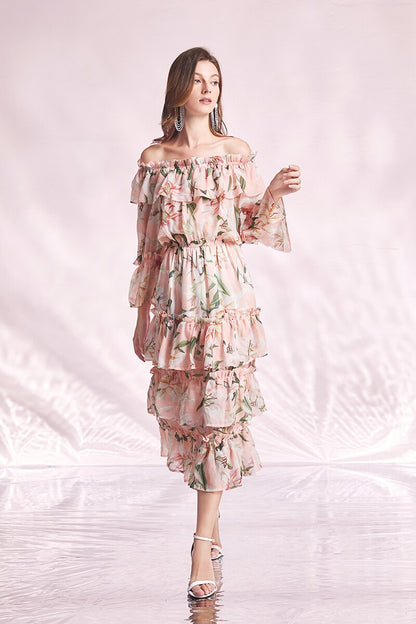 Pink Lily Flower Printed Layered Midi Dress Slash Neck Off The Shoulder Elastic Waist Party Holiday Beach Dress