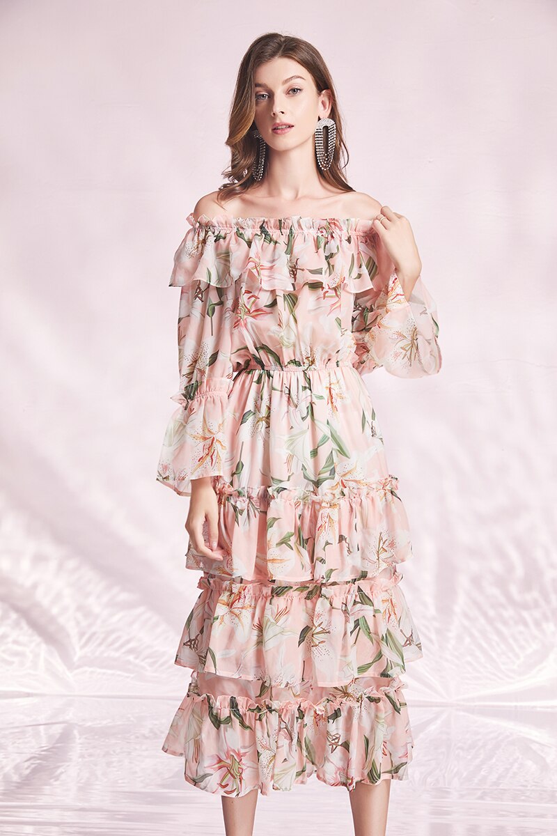 Pink Lily Flower Printed Layered Midi Dress Slash Neck Off The Shoulder Elastic Waist Party Holiday Beach Dress