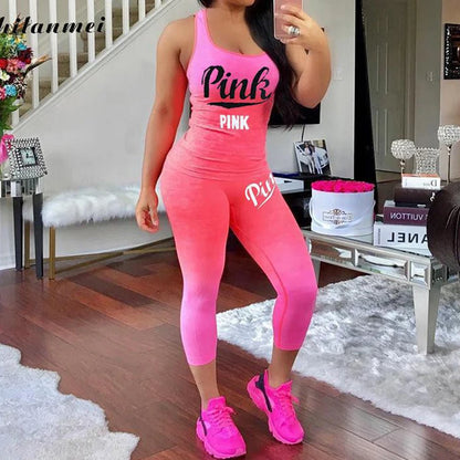 Skinny Tracksuit Sleeveless T-Shirt Pink Letter Print Sport Sets Causal Stretchy 2 Piece Sets Women Outfits 2024 Summer New