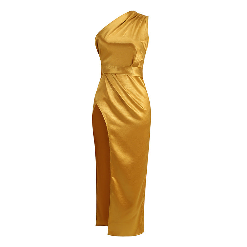 Fashion Solid Color Sexy Slanted Shoulder Slit Dress Women&