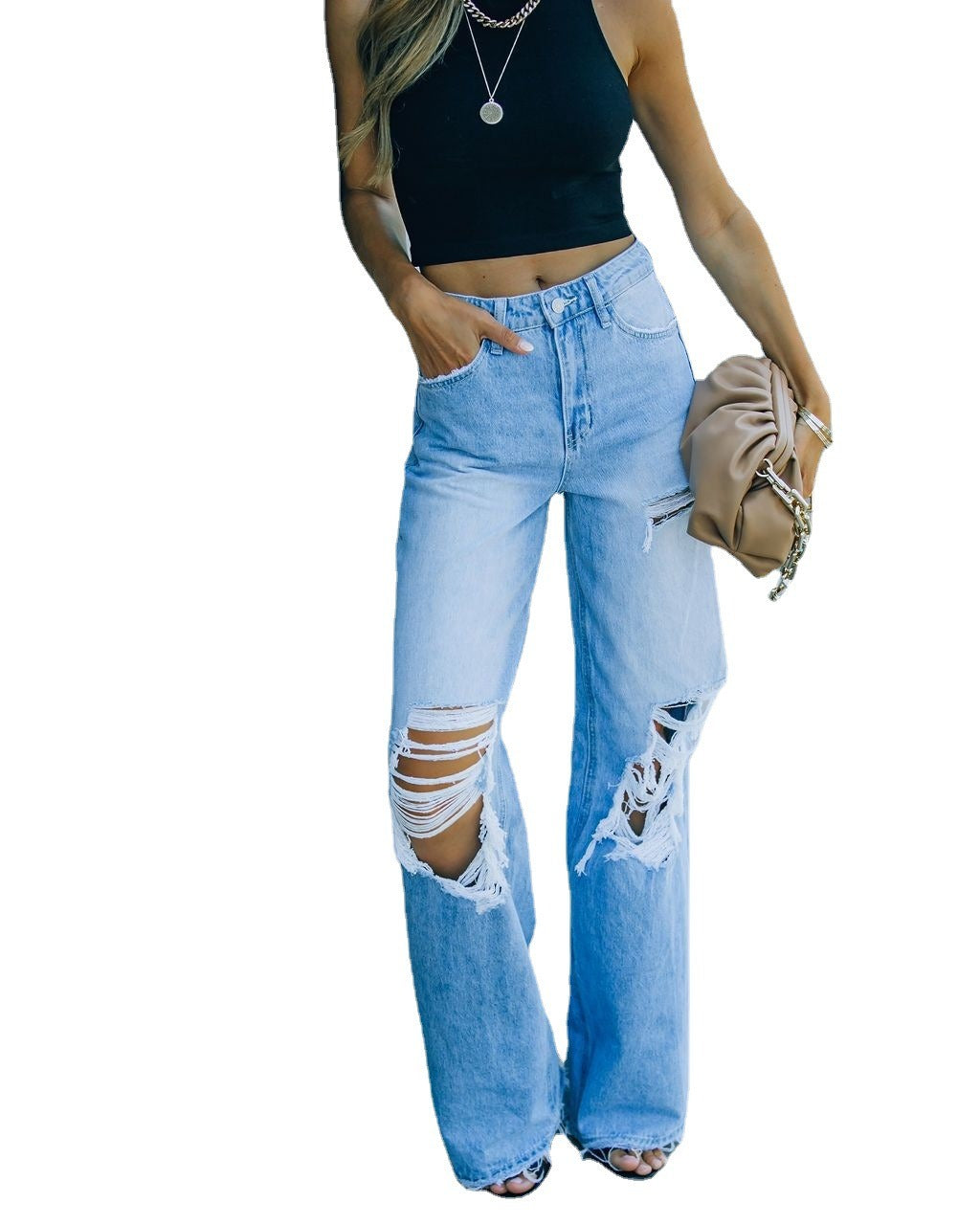 New Retro Hollow-out Flared Pants Loose Casual Ripped Wide Leg Pants Straight Leg Jeans Women&