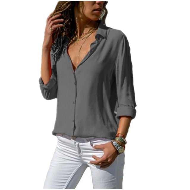 Long Sleeve Solid V-Neck Chiffon Blouse Female Work Wear Shirts Blouse Plus Size