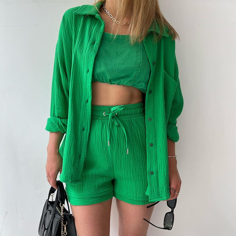 Spring Ruffle Collar Long Sleeve Shirt High Waist Drawstring Shorts Large Fashion Casual Suit