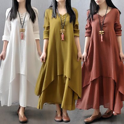 Fake two-piece long skirt large hem linen dress loose long sleeved cotton linen skirt