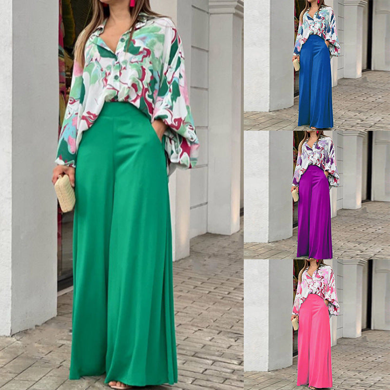 Beauty Dress New Printed Casual Suit Loose Large Size Lapel Shirt High Waist Wide Leg Pants Two Piece Set