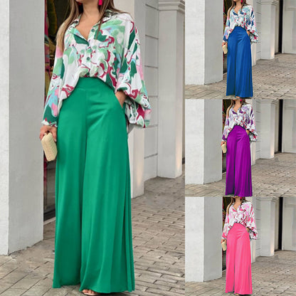 Beauty Dress New Printed Casual Suit Loose Large Size Lapel Shirt High Waist Wide Leg Pants Two Piece Set