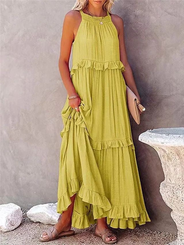 European and American Summer Vacation Style Lotus Leaf Edge Long Dress with Big Swing and Elegant Beach Skirt Women