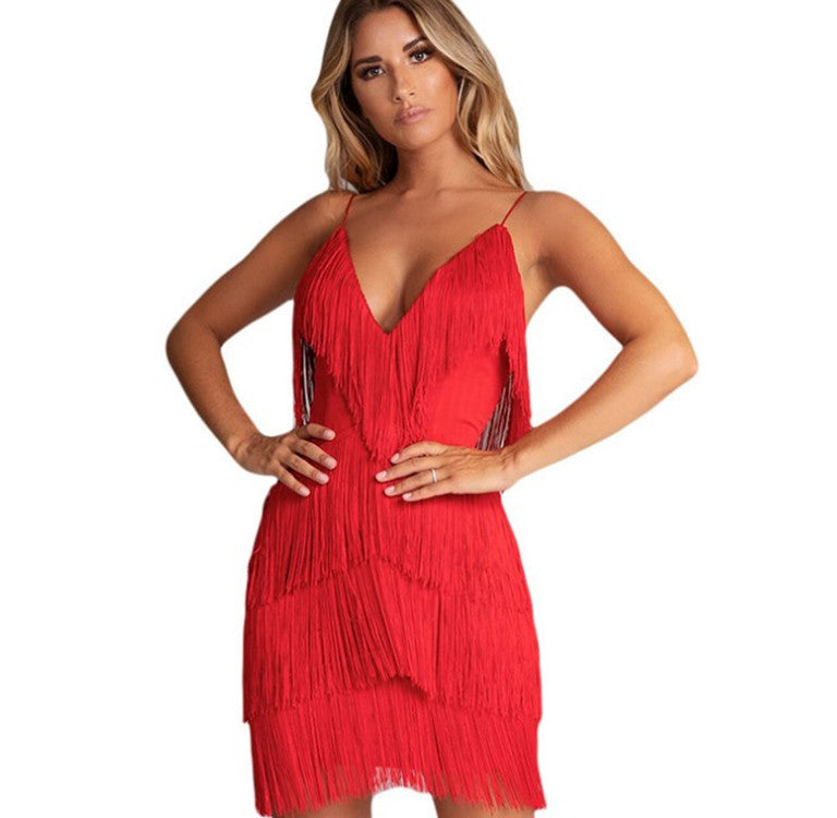 New Sexy Dress Fringed Stitching Backless Dress Skirt Deep V-Neck Dress