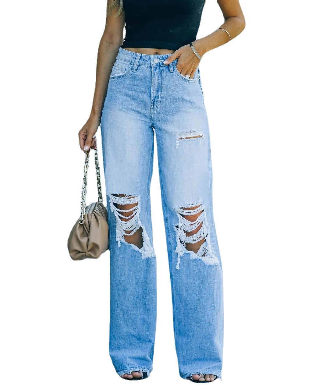 New Retro Hollow-out Flared Pants Loose Casual Ripped Wide Leg Pants Straight Leg Jeans Women&