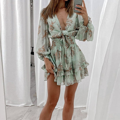 New Sexy Long Sleeve Ruffled V Neck Waist Dress for Women