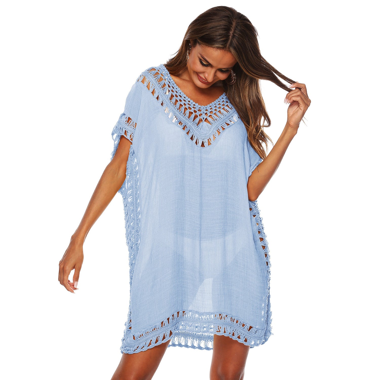 European and American V-Neckline Hook Splicing Hollowed Out Loose Beach Bikini Cover Up Dress