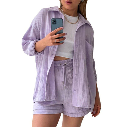 Spring Ruffle Collar Long Sleeve Shirt High Waist Drawstring Shorts Large Fashion Casual Suit