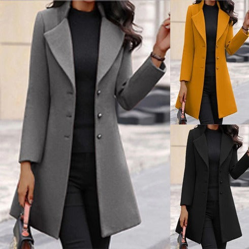 Autumn/Winter Mid length Korean Edition Flip Collar Slim Solid Color Slim Fit Women&