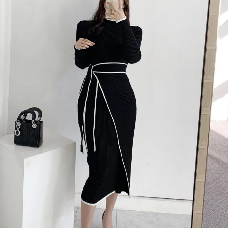 Korean Elegant Knitted Women Dress Full Sleeve O-neck Belted Sweater Dresses Solid Chic Warm Fashion Ladies Vestidos 2023